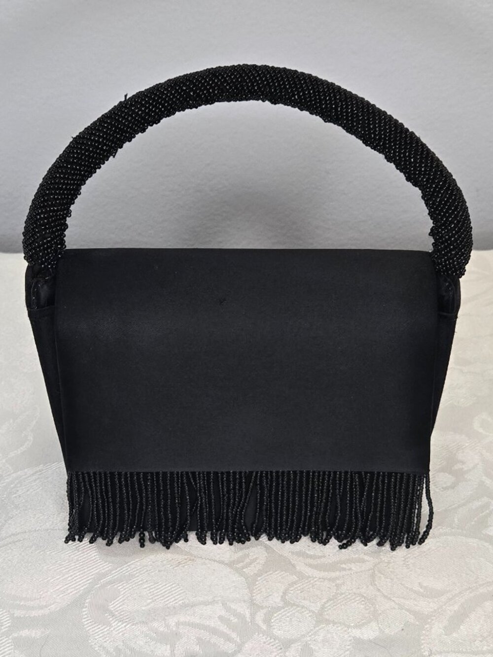 Black Satin Evening Bag with Beaded Fringe